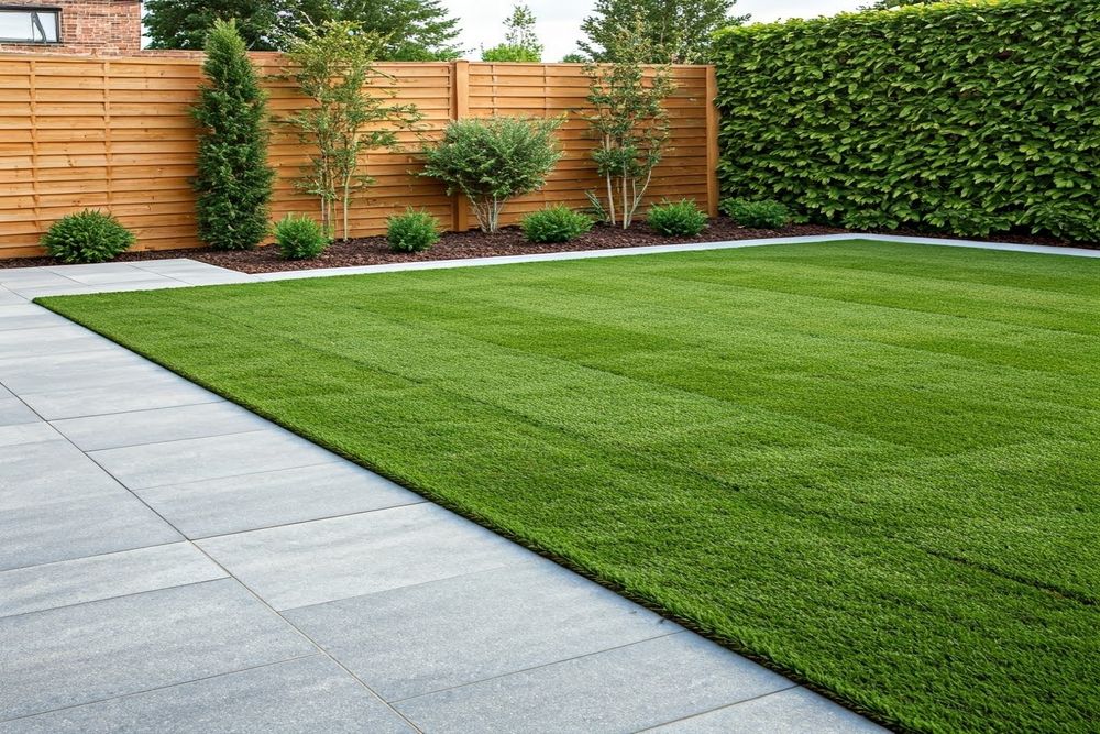 A,Modern,Backyard,Corner,Showing,Modern,Pavers,And,Grass
